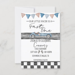 Race Car Fast One First Birthday Uitnodiging