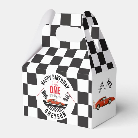 Race Car Favoriete Box - Fast One 1st Verjaardagsf Bedankdoosjes (Voorkant Zijde)