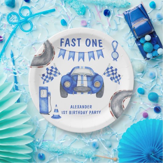 Race Car First Birthday Papieren Bordje (Feest)