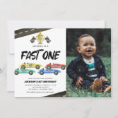 Race Car First Birthday Photo Invitation Kaart (Voorkant)