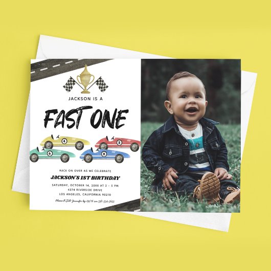 Race Car First Birthday Photo Invitation Kaart