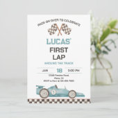 Race Car First Lap Around the Track Birthday Party Kaart (Staand voorkant)