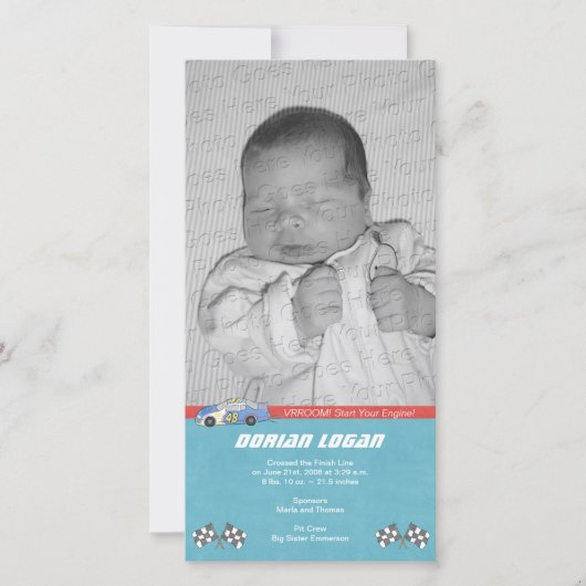 Race Car Geboorteaankondiging Aankondiging (Voorkant)