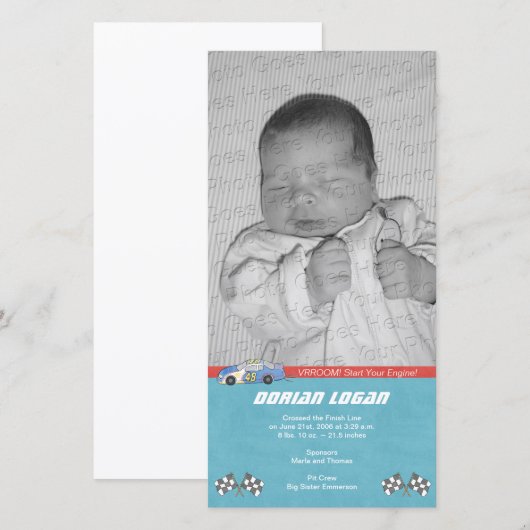 Race Car Geboorteaankondiging Aankondiging (Voorkant / Achterkant)