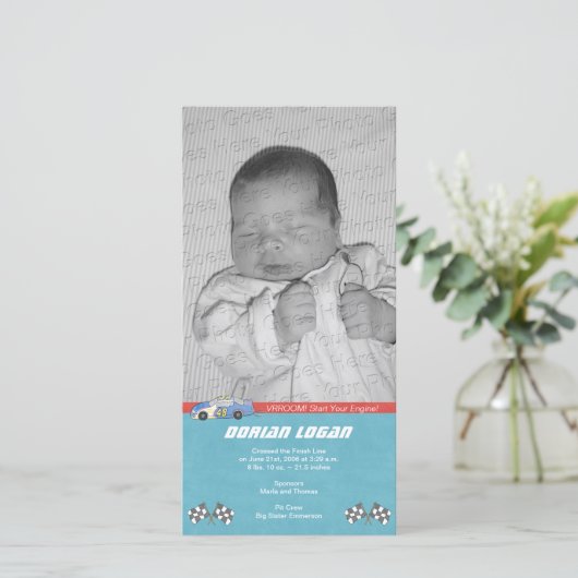 Race Car Geboorteaankondiging Aankondiging (Staand voorkant)