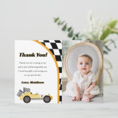 Race Car Gele Verjaardagsfeest Dank Je Kaart (Staand voorkant)