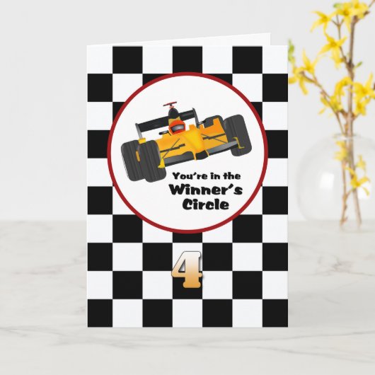 Race Car Happy 4e verjaardag Kaart (Gele Bloem)