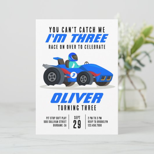 Race Car kan me niet vangen 3rd Birthday Party Kaart (Staand voorkant)