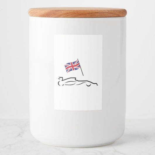 Race Car Line Drawing with British Flag Voedselcontainer Etiket (Voorkant)