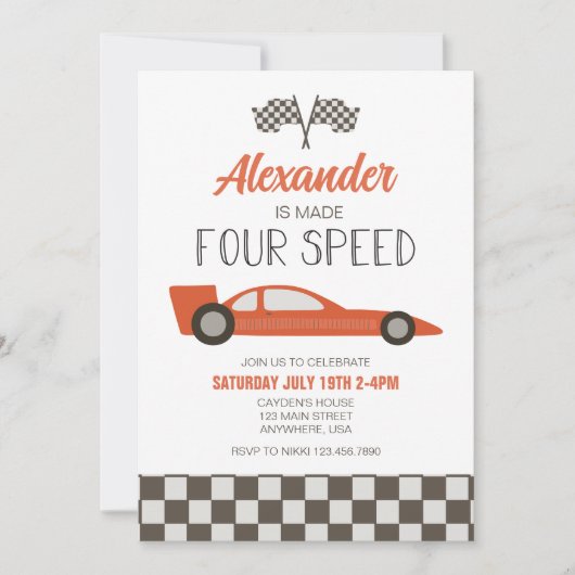 Race Car Made Four Speed Birthday Uitnodiging (Voorkant)