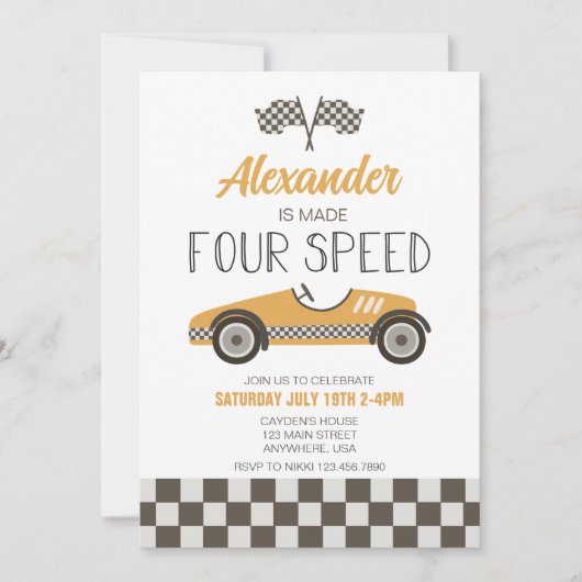 Race Car Made Four Speed Birthday Uitnodiging (Voorkant)