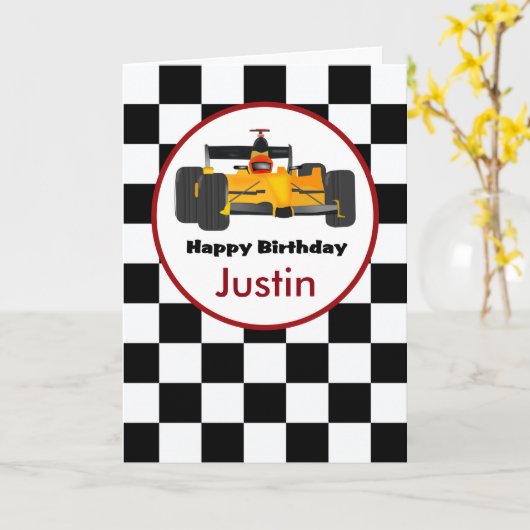 Race Car Personalized Birthday Card Kaart (Gele Bloem)