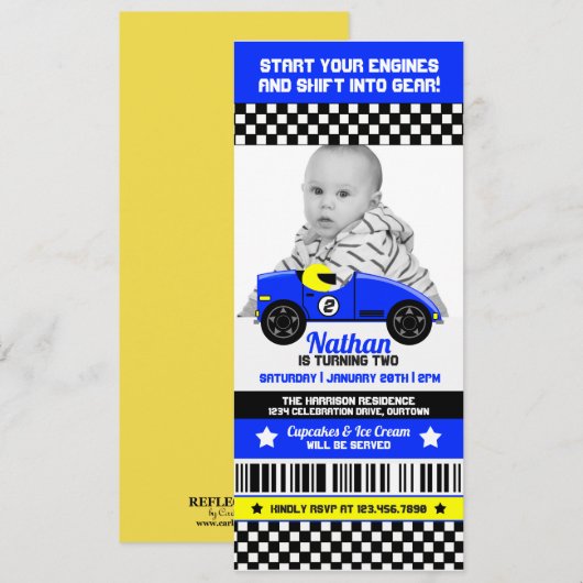 Race Car Photo Template Birthday Party Uitnodiging (Voorkant / Achterkant)