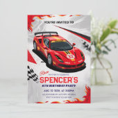 Race Car "Race On Over" Verjaardagsfeest Kaart (Staand voorkant)