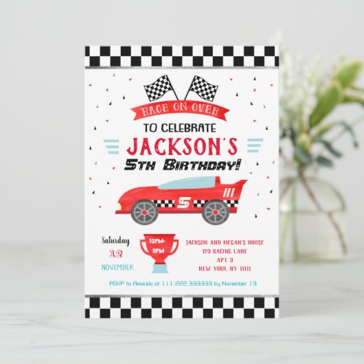 Race Car Racer Verjaardagsfeestje Uitnodigingen (Staand voorkant)