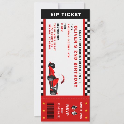 Race Car Racing Boy Birthday Party Ticket Kaart (Voorkant)