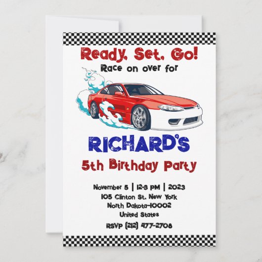Race Car Racing Kind Birthday Theme Uitnodiging (Voorkant)