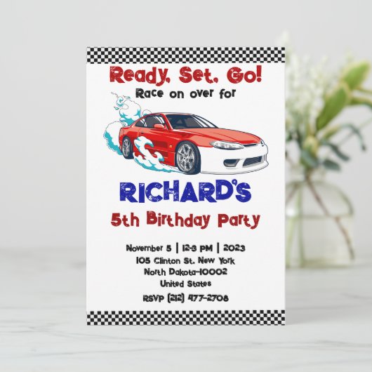 Race Car Racing Kind Birthday Theme Uitnodiging (Staand voorkant)
