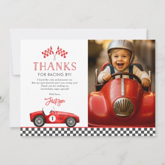 Race Car Red Racing Boy 1e verjaardag foto Bedankkaart (Voorkant)