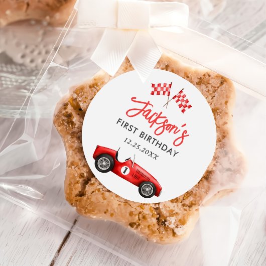 Race Car Red Racing Boy 1e verjaardag Ronde Sticker