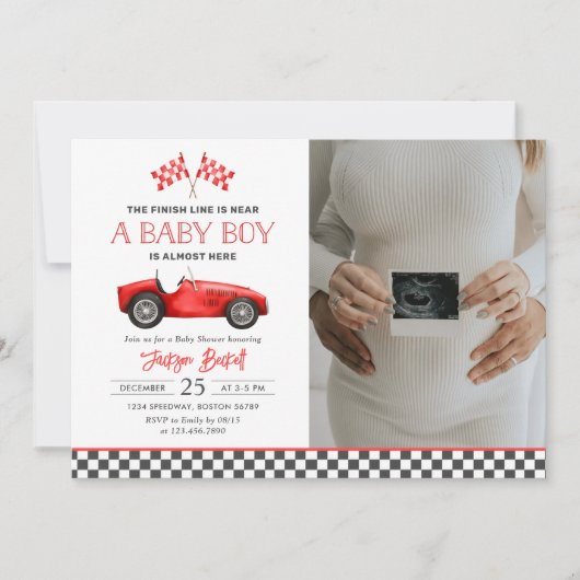 Race Car Red Racing Boy Baby shower Foto Kaart (Voorkant)