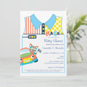 Race Car Schattige Boy Fox Race Car Driver Baby sh Kaart (Staand voorkant)