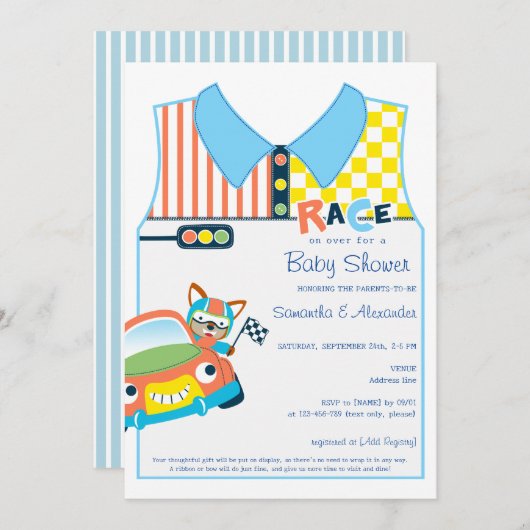 Race Car Schattige Boy Fox Race Car Driver Baby sh Kaart (Voorkant / Achterkant)