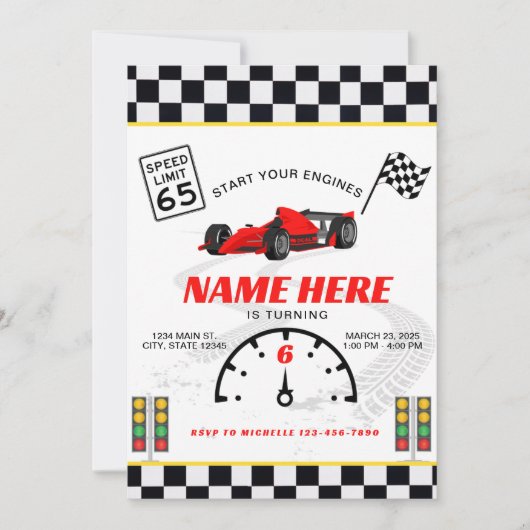 Race Car Speedway Geruite Verjaardag Kaart (Voorkant)