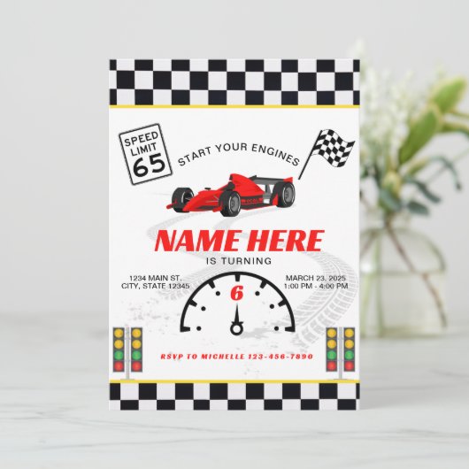 Race Car Speedway Geruite Verjaardag Kaart (Staand voorkant)