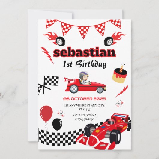 Race Car Thema 1e verjaardag Uitnodiging (Voorkant)