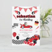 Race Car Thema 1e verjaardag Uitnodiging (Staand voorkant)