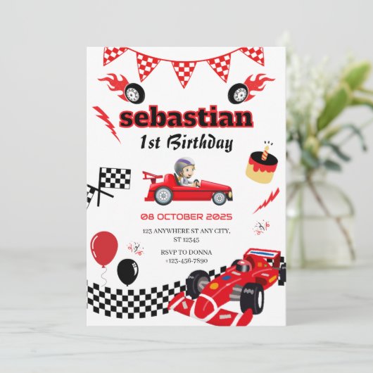 Race Car Thema 1e verjaardag Uitnodiging (Staand voorkant)