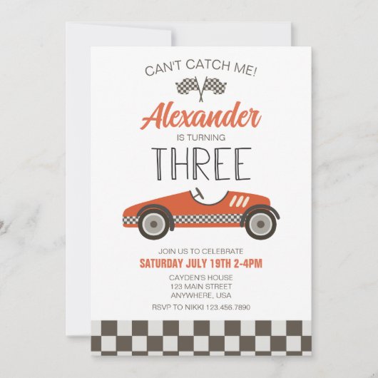 Race Car Third Birthday Uitnodiging (Voorkant)