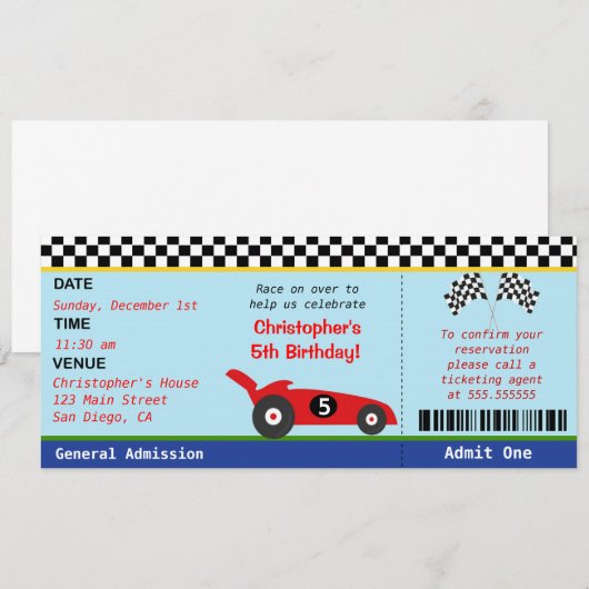 Race Car Ticket Birthday Uitnodiging (Voorkant / Achterkant)