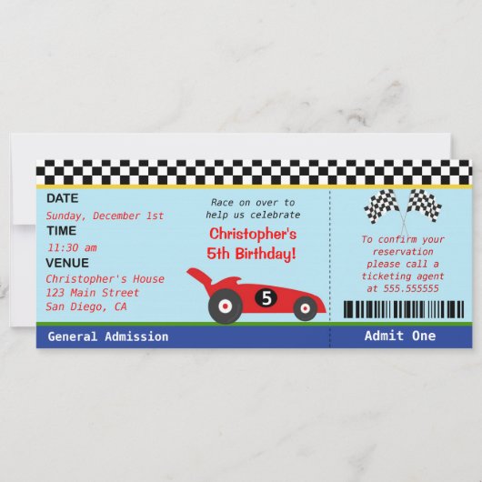 Race Car Ticket Birthday Uitnodiging (Voorkant)