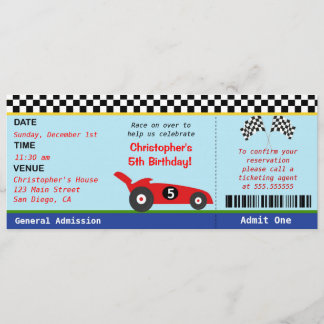 Race Car Ticket Birthday Uitnodiging