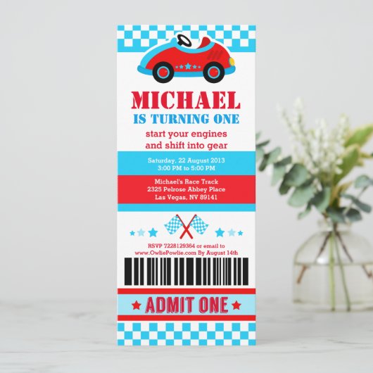 Race Car Ticket Pass Birthday Party Uitnodiging (Staand voorkant)