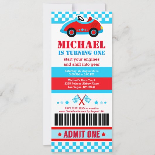Race Car Ticket Pass Birthday Party Uitnodiging (Voorkant)