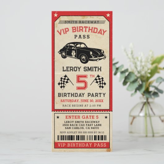  Race Car Ticket Pass Boy Verjaardagsfeestje Kaart (Staand voorkant)