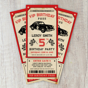  Race Car Ticket Pass Boy Verjaardagsfeestje Kaart