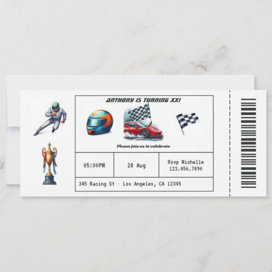 Race Car Ticket Verjaardagsfeest Kaart (Voorkant)