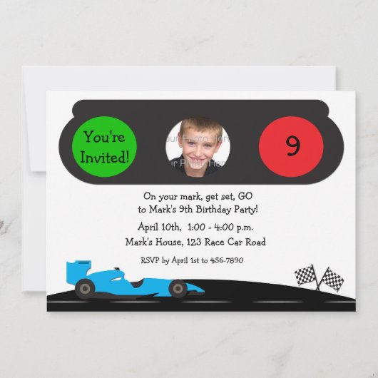 Race Car, Traffic Light Birthday Photo Invitation Kaart (Voorkant)