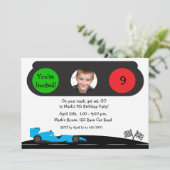 Race Car, Traffic Light Birthday Photo Invitation Kaart (Staand voorkant)