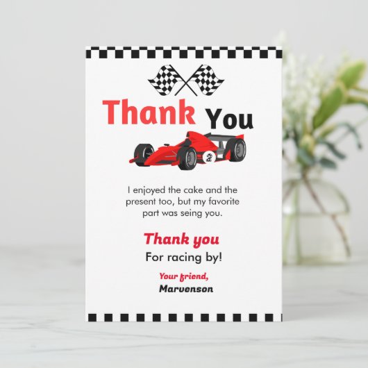 Race car twee snelle verjaardagsfeest bedankt je k kaart (Staand voorkant)