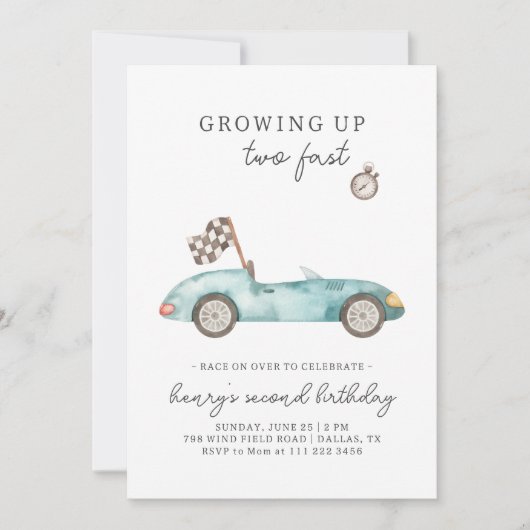 Race Car Two Fast 2e verjaardag Uitnodiging (Voorkant)