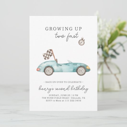 Race Car Two Fast 2e verjaardag Uitnodiging (Staand voorkant)