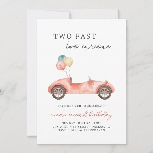 Race Car Two Fast 2e verjaardag Uitnodiging (Voorkant)