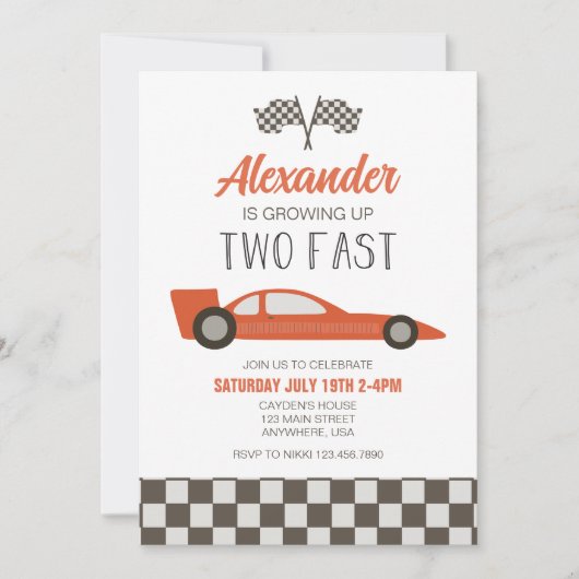 Race Car Two Fast 2e verjaardag Uitnodiging (Voorkant)