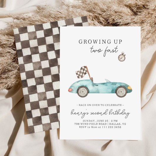 Race Car Two Fast 2e verjaardag Uitnodiging
