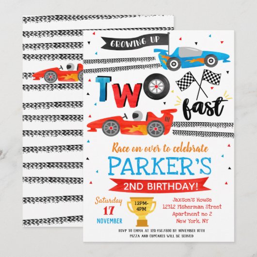  Race Car Two Fast 2e verjaardagsuitnodigingen  Kaart (Voorkant / Achterkant)